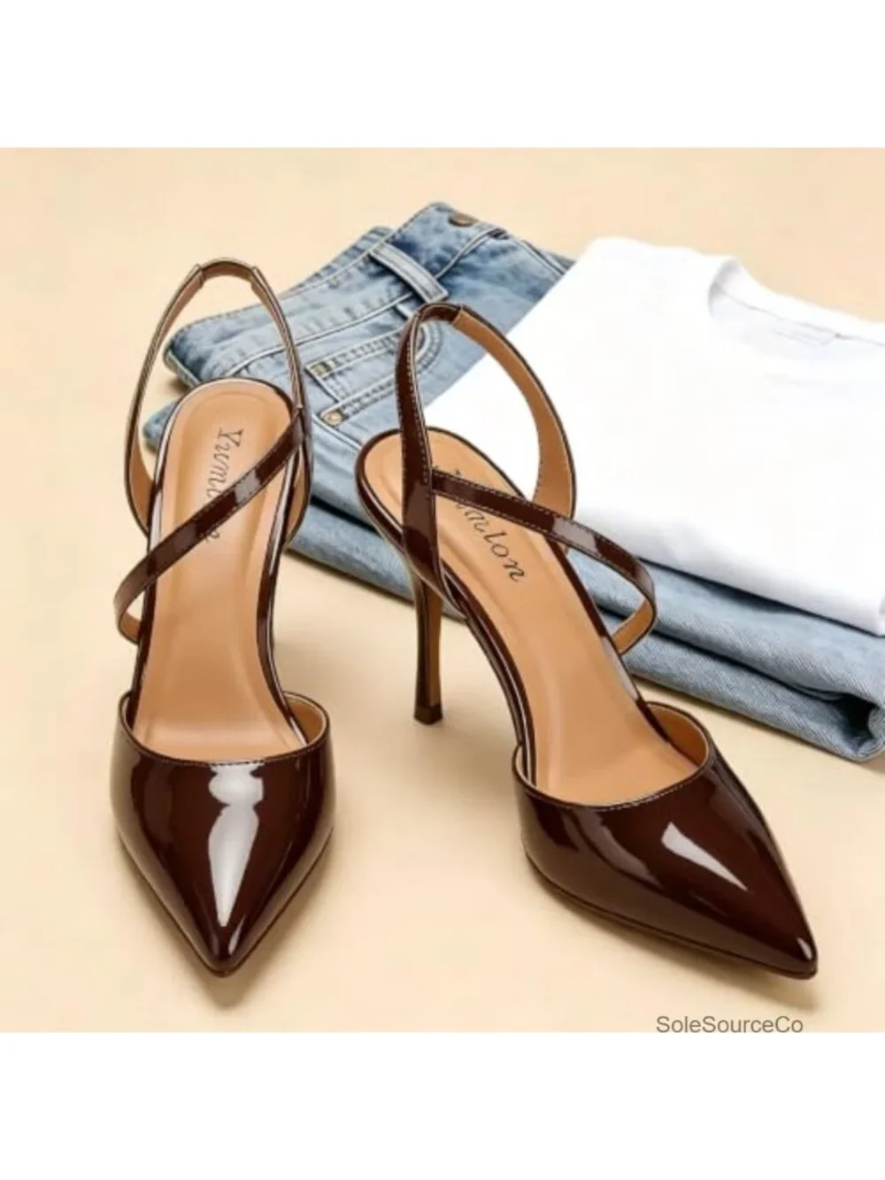 Faux Leather Closed Toe Slingback Stiletto Heels 3.3 Inch Ankle Strap Pumps